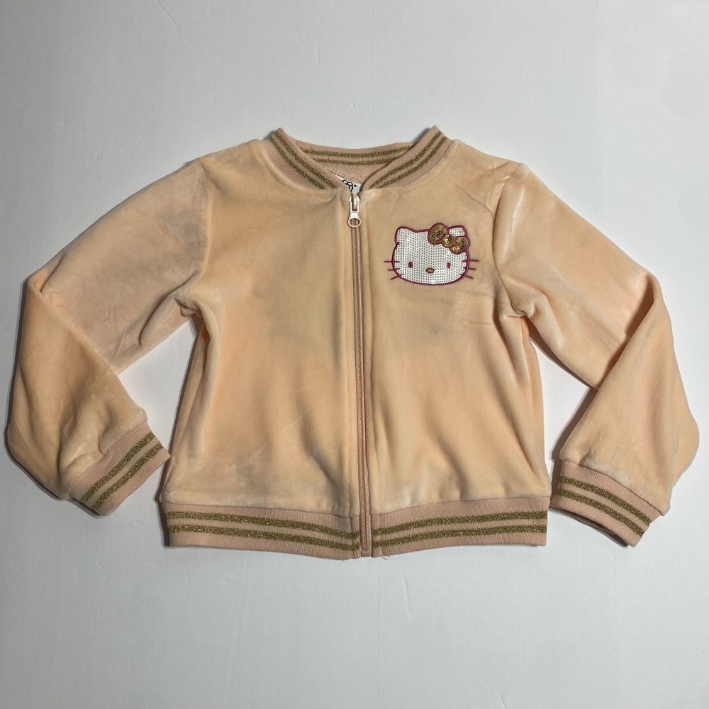SANRIO HELLO KITTY Girls Zip-Up Peach Colored Velour Bomber Jacket Winter Fall